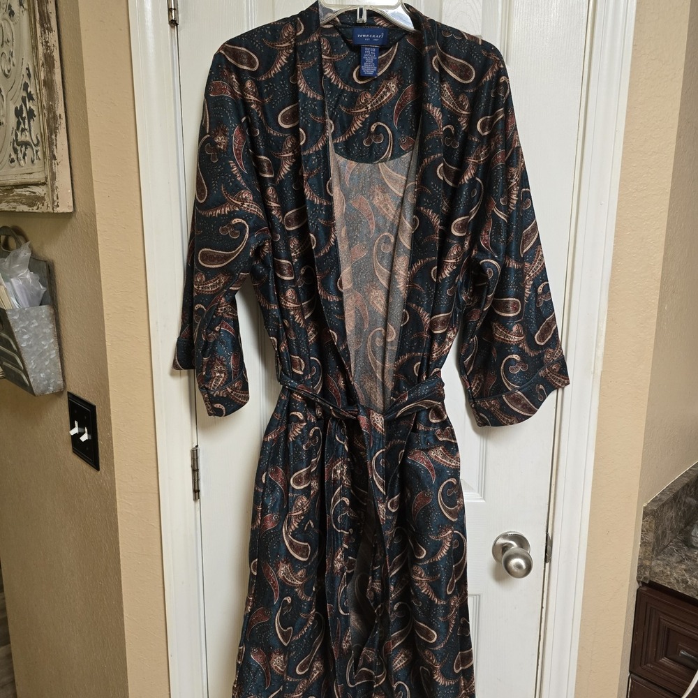 Towncraft Vtg Paisley Bath Robe Green Velour Front Pockets Belted USA